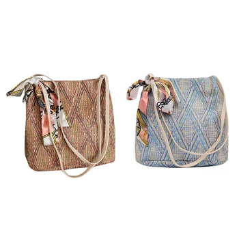 

2pcs Bohemian Summer Straw Beach Bag Travel Shopping Female Tote Wicker Bags - Khaki & Blue