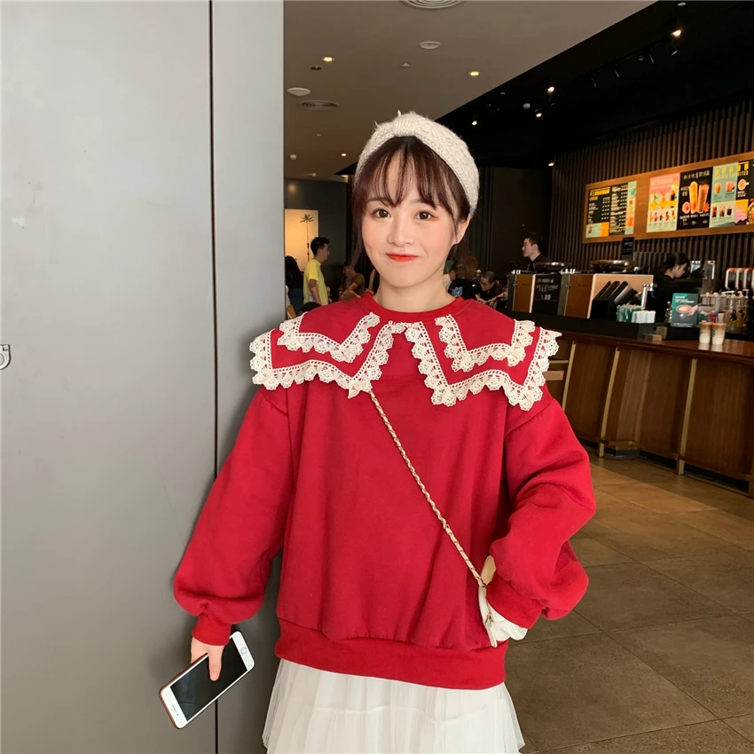 Толстовки Kawaii женские Осень Зима Питер Пэн воротник японский стиль Ulzzang толстовки женские свободные милые пуловеры негабаритных Ulzzang