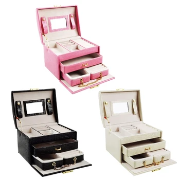 

Lockable Mirrored Jewelry Box Necklace Ring Storage Organizer Synthetic Leather Large Jewel Cabinet Case Jewelry Display