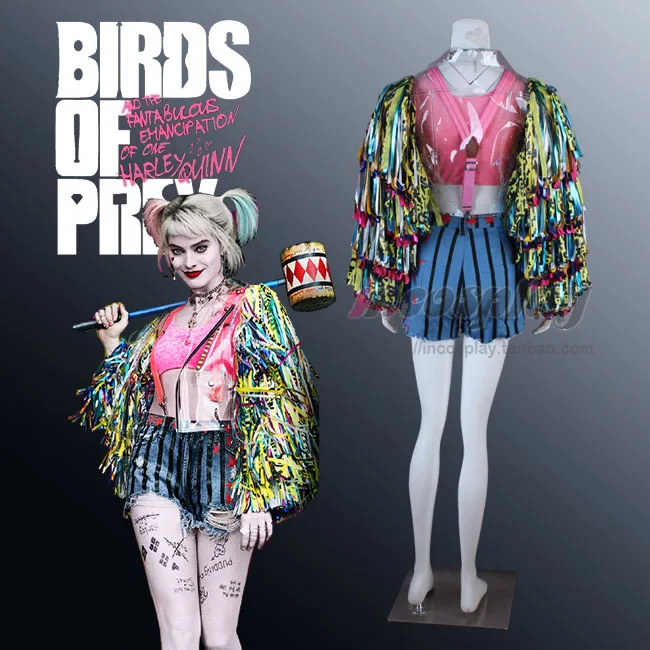 

[Customized] Anime Harley Quinn Tassel Coat+vest+pants+tatto+ACC Cosplay Costume Women Halloween Free Shipping 2019 NEW.