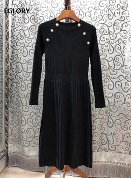 

High Quality New 2019 Autumn Winter Style Sweater Dress Women Golden Buttons Up Long Sleeve Black Knitted Dress Casual Knitwear