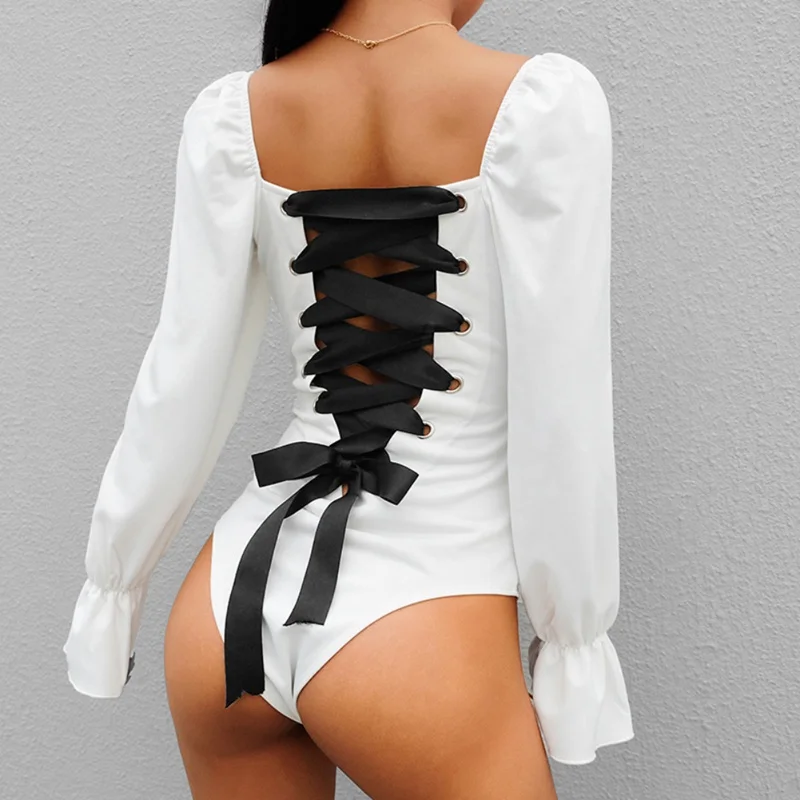 Сексуальное Милое боди в стиле ретро с черной спинкой, элегантное белое боди с рукавами-рюшами, женские сексуальные обтягивающие колготки с открытой спиной