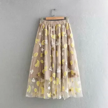 

H.SA Summer High Waist Women Skirts 2020 New French mesh lace Embroidered fruits Casual Skirt Lady Pleated Midi Long skirt