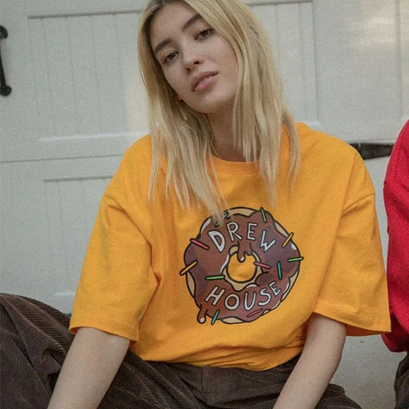 

Drew house chocolate donut letters printed men women top couples kanye west loose short sleeves fire high street funny t-shirt