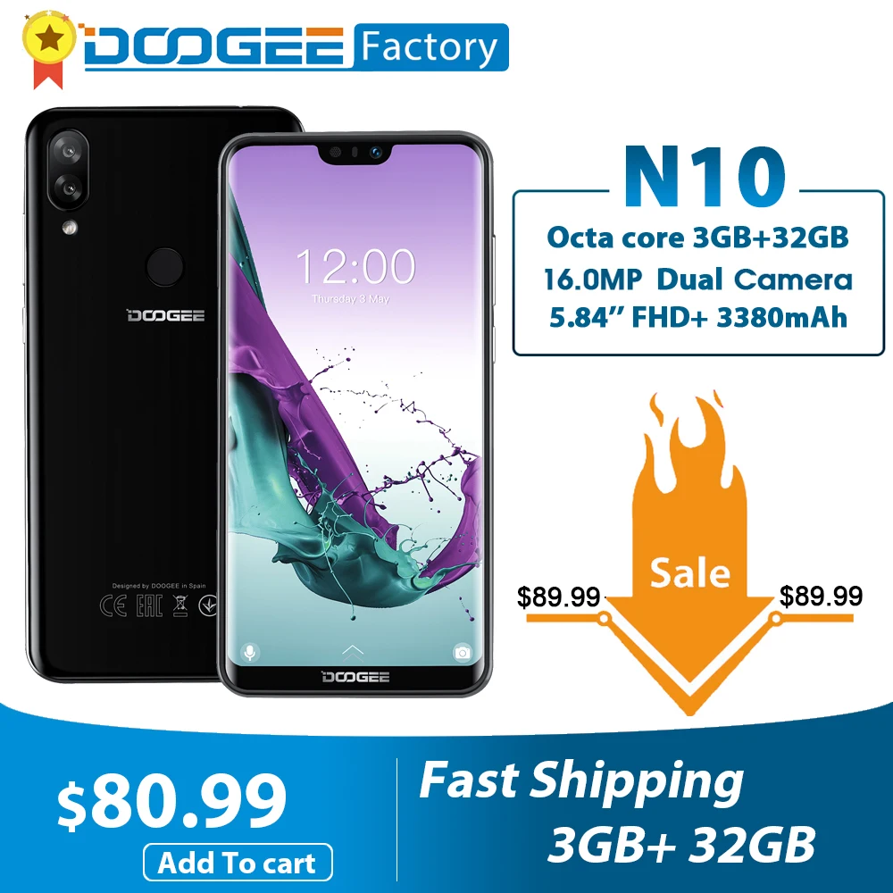 Смартфон DOOGEE N10 4G LTE 3+32 Гб 5 84'' FHD+19:9 камера 16 мп Android 8.1 аккумулятор 3360