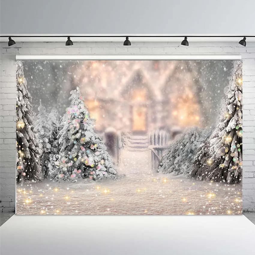 

Christmas Tree White Snow Photography Backdrops New Year Decorations Xmas Snowflake Photo Studio Background Brick Fireplace