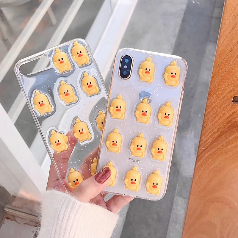 

3D Cute Duck Pattern Glitter Phone Case For iPhone XS MAX Case Soft Silicone 6 7 8 Plus XR Cartoon Little Duck Transparent Cover