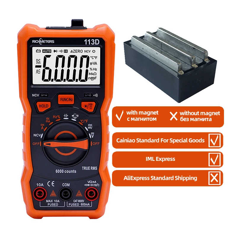 RICHMETERS RM113D NCV Digital Multimeter 6000 Counts Auto Ranging AC/DC