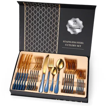 

24PCS Blue Gold Tableware Set 18/10 Stainless Steel Cutlery Set Dinner Fork Spoon Knife Dinnerware Set Holiday Wooden Gift Box
