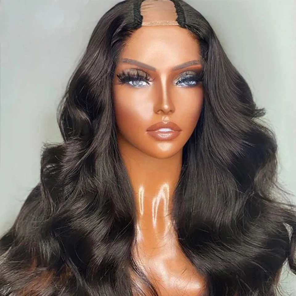 Glueless Body Wave 100% Human Hair U Part Wigs For Women Middle 250density Brazilian Remy Wavy 4b 4c Full Machine Wig | Шиньоны и