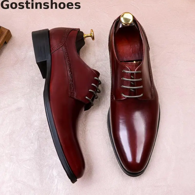 Men Leather Shoes Cowhide Black Wine Red Lace-up Pointed Formal Derby Shoes Genuine Leather Office Shoes Wedding Party Business