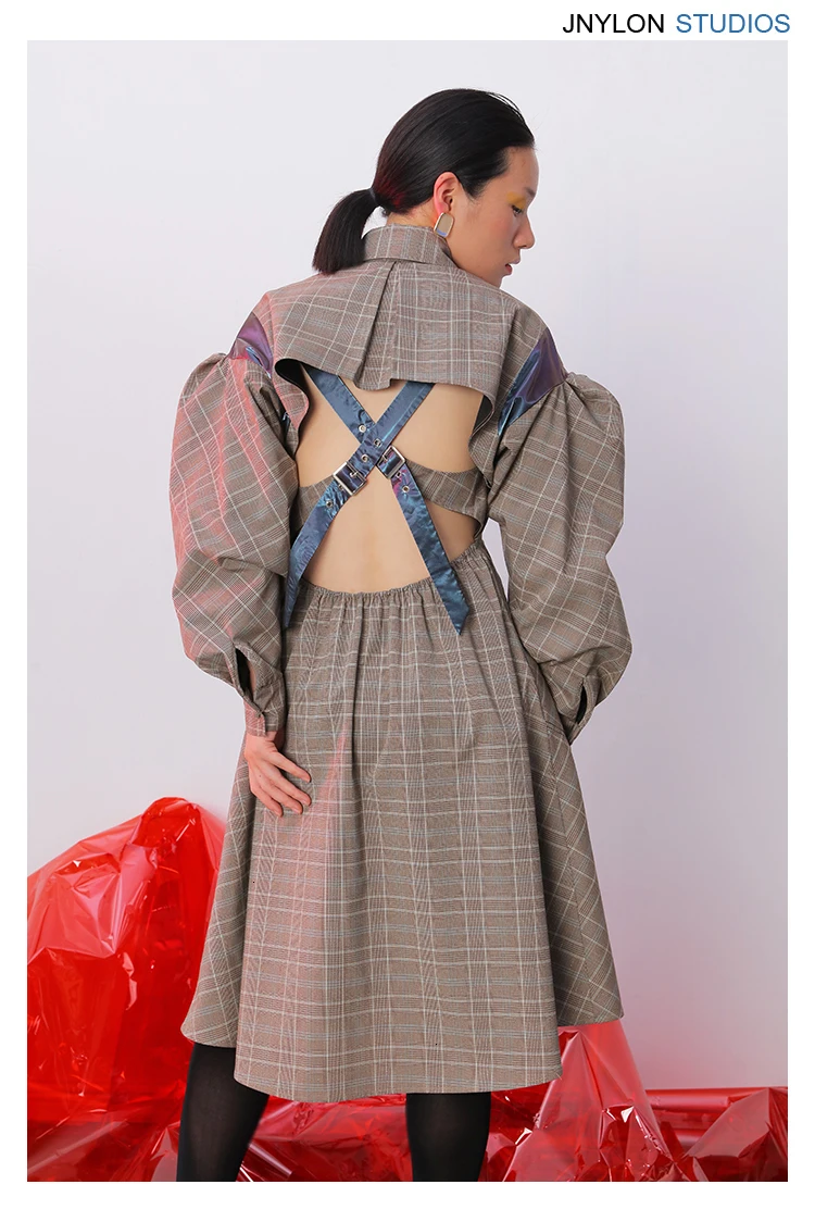 autumn and winter designs new turn-down collar sexy backless plaided lantern sleeves high waist windbreaker L205