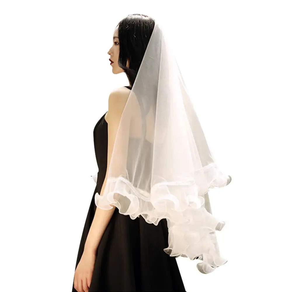 1.5m Single Layer Women Soft Mesh Short Wedding Veil Cover Face Wavy Agaric Ruffles Lace Trim Classic Bridal Hair Accessories
