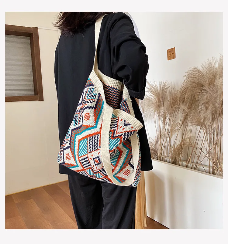 Lady Knitting Gypsy Bohemian Boho Chic Aztec Tote Bag Women Crochet Woolen Open Shopper Top-handle Bag 2022 Female Daily Handbag