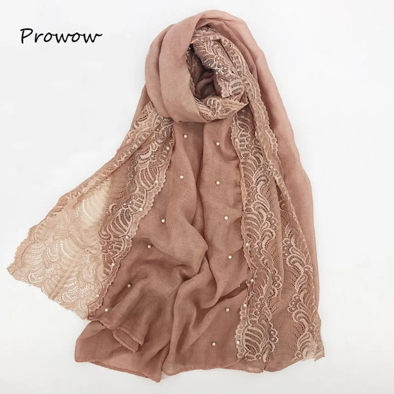 Женский кружевной шарф с жемчугом мягкий однотонный хиджаб цветочной вышивкой