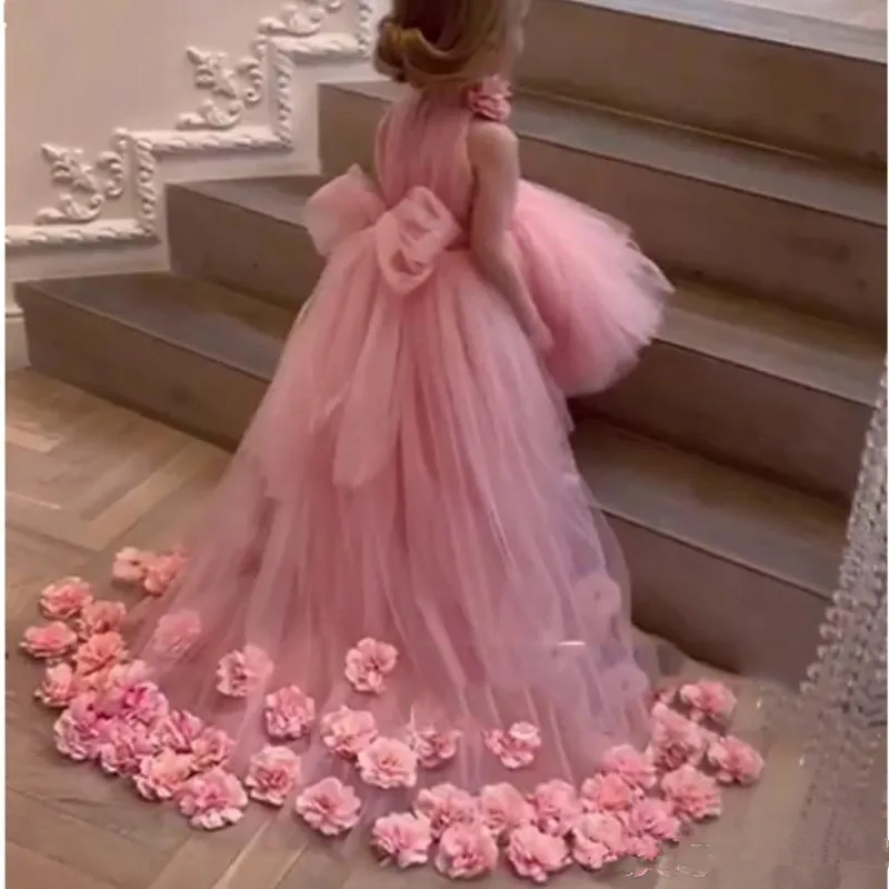 01 (4)-fl Lovely Tulle Pink Flower Girl Dresses for Weddings High Neck Sleeves Sweep Train 3D Floral Applique Communion Dress Girls Pageant Gowns