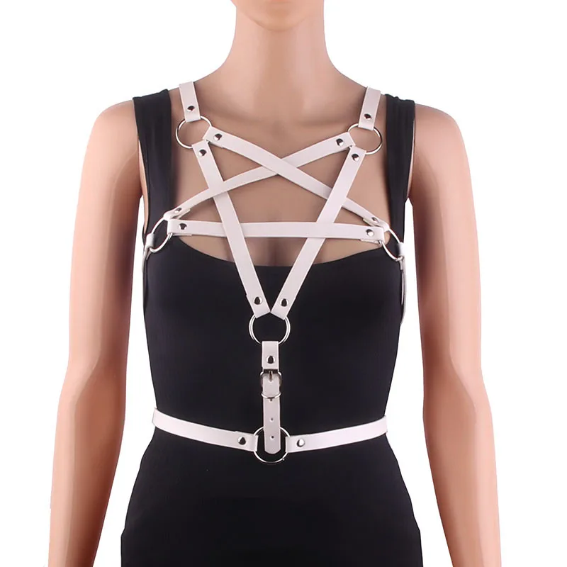 

Belts for Women Designer Brand Punk Woman Pentagram Style PU Leather Harness Bra Belt Sexy Body Bound Cage Bra Gothic Bra Belt