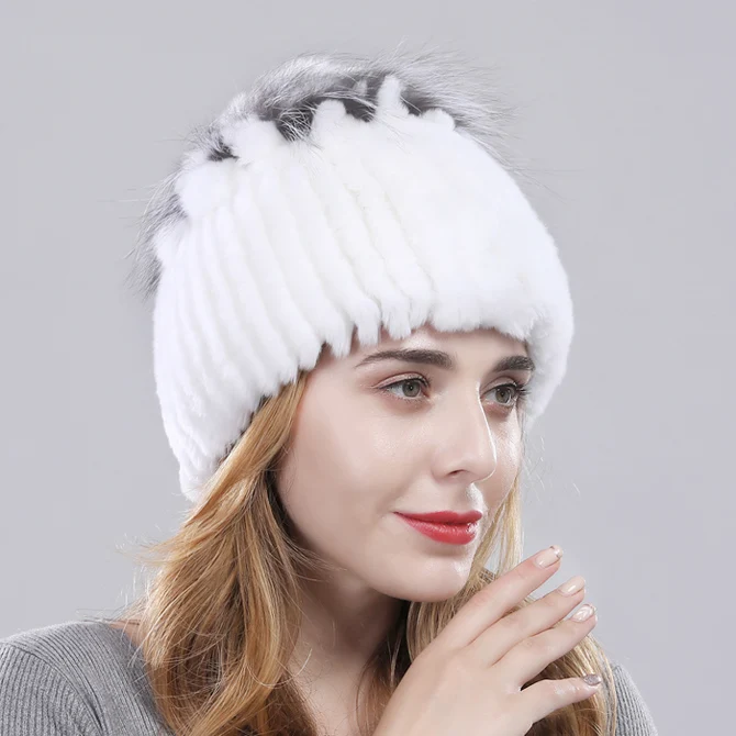 Women Real Rex Rabbit Fur Hats Lady Handmade Knitted Striped Genuine Rex Rabbit Fur Cap Winter Warm Fashion Fur Beanies - Цвет: Color 12