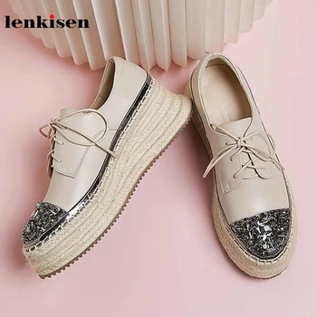 

Lenkisen genuine leather round toe crystal studded mixed colors high heels thick bottom waterproof women leisure style shoes L87