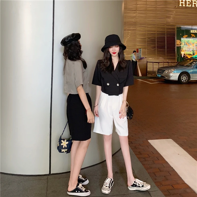 Summer New Style Korean-style Double Breasted Loose-Fit Short-sleeved Top Western Style Short Navel Small Suit Coat WOMEN'S