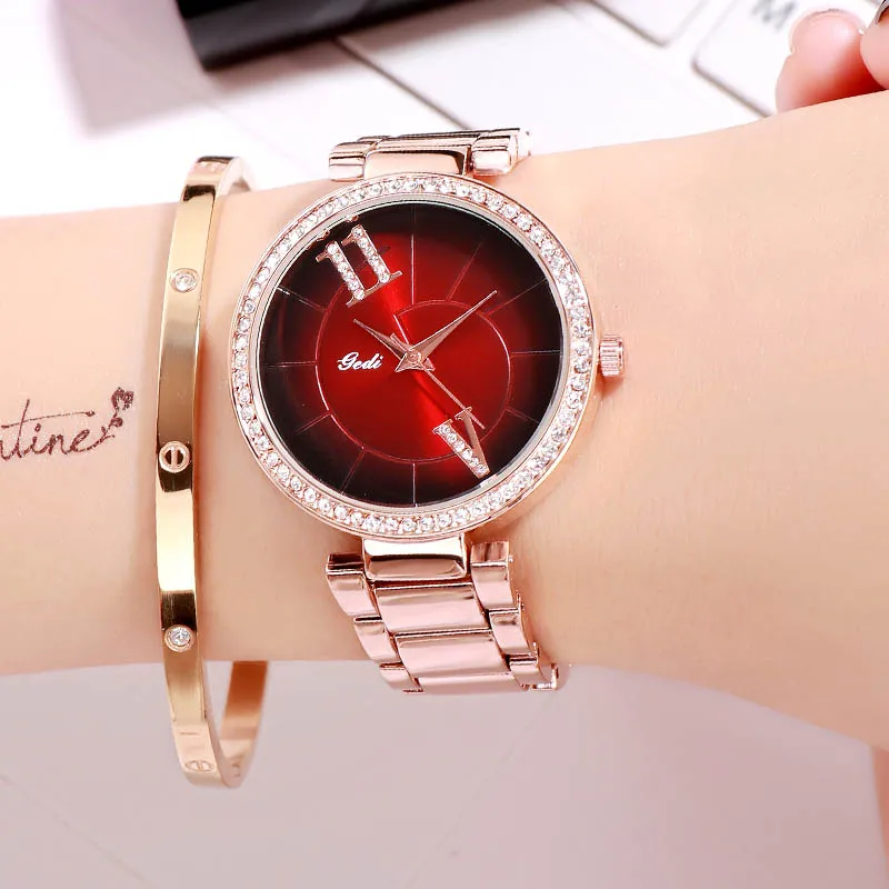 Rosegold red GEDI модные элегантные женские часы с ремешком из сплава розового золота кварцевые наручные часы женские роскошные стразы уникальный дизайн часы с буквами - Цвет: Rosegold red