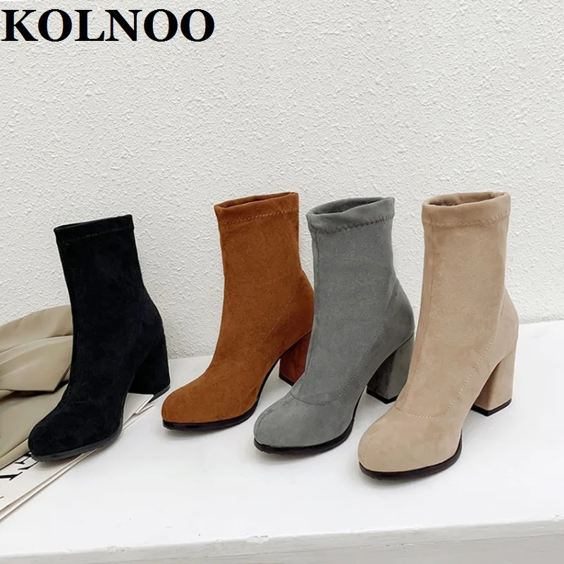 

Kolnoo New 2023 Thick Heel Womens Ankle Boots Faux Suede Pull-Up Four Colors Sexy Dress Boots Evening Fashion Winter Prom Shoes