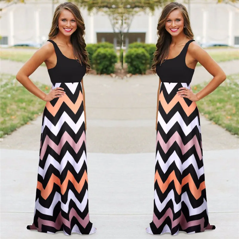 Женское летнее пляжное платье макси в стиле бохо 2017 высокое качество полоску с