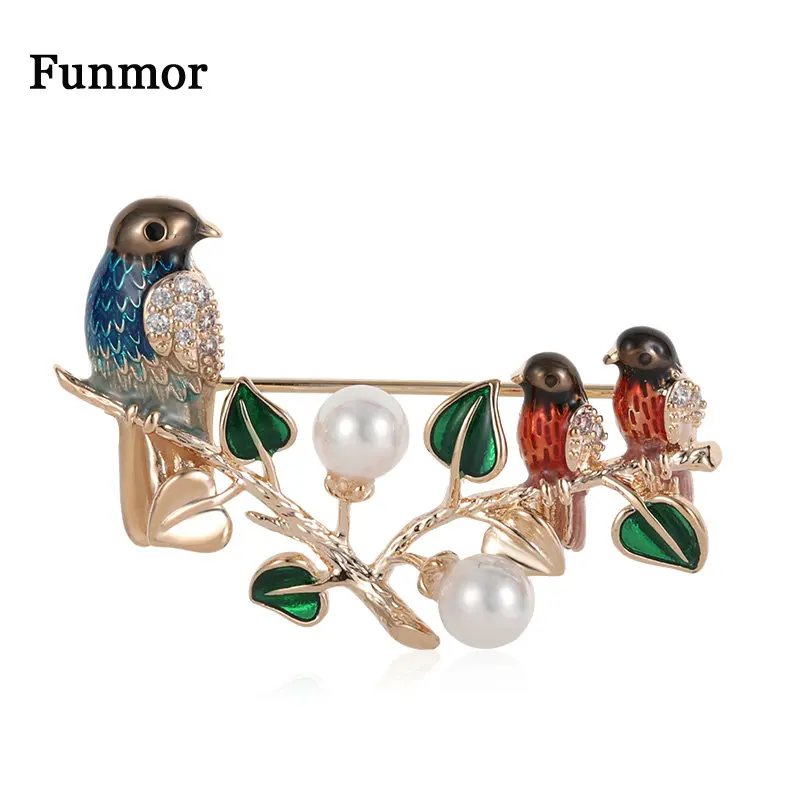 Женская эмалированная брошь Funmor с птицами булавки искусственным жемчугом