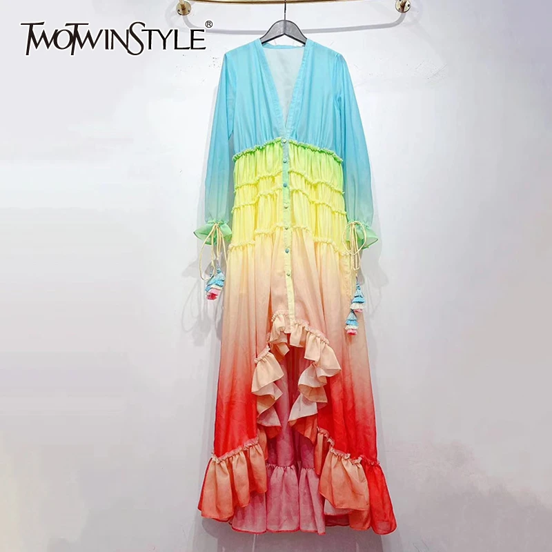 TWOTWINSTYLE Casual Patchwork Asymmetrical Dresses Female V Neck Flare Sleeve High Waist Hit Color Irregular Hem Dress Women New TWOTWINSTYLE Casual Patchwork Asymmetrical Dresses Female V Neck Flare Sleeve High Waist Hit Color Irregular Hem Dress Women New