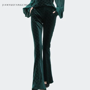 

Women Warm Velour Winter Pants High Waist Zip-Up Dark Color Nets Shape Flare Pants Elegant Plus Size Streetwear Female Trousers