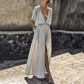 

Solid Color Elegant Dress Female Casual Loose Beach Dress Ankle-Length V-Neck Long Split Dresses Women