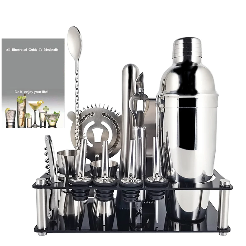 

Stainless Steel Cocktail Shaker Set Boston Shakers Bartender Kit Bar Tools Barware Mixer Muddler Accessories with Stand Recipe