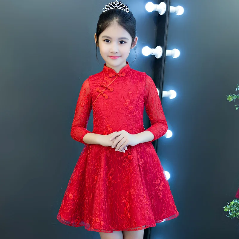 

2019 Summer New Style Girls Dress Red Western Style Skirt Children Cheongsam Piano Performance Formal Dress Princess Dress
