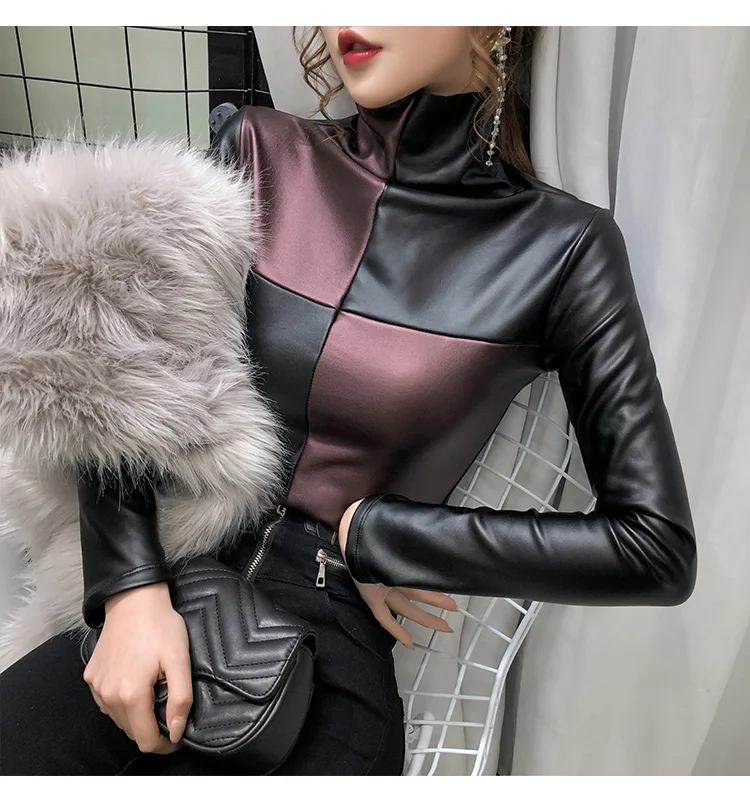 Autumn Plus size women blouse fashion patchwork colors turtleneck pullovers bottoming shirt velvet soft PU leather blouses tops satin shirts for women