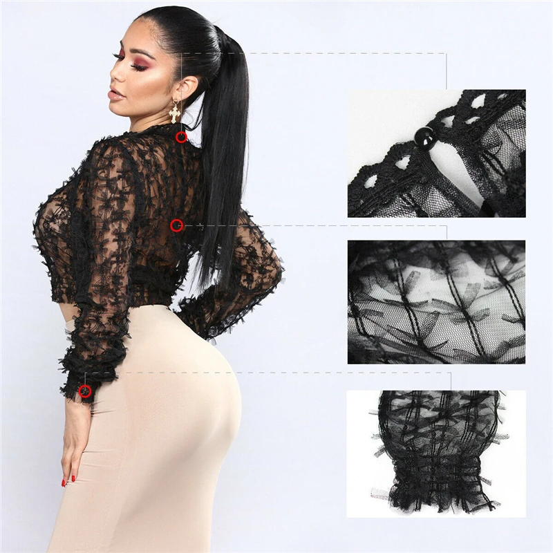 New Fashion Women Mesh Blouse Ladies Sexy Hollow Lace Shirt Casual Long Sleeve Crop Tops White Transparent Clubwear