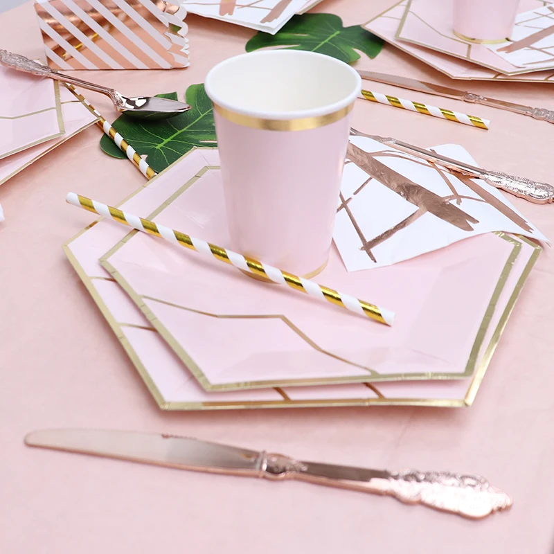 1 комплект одноразовая посуда в полоску из розового золота, тарелки для дня рождения, позолоченные бумажные соломинки/чашки для украшения стола, Свадебные/вечерние принадлежности