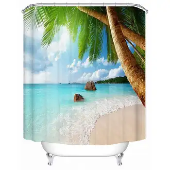 

180X180cm Bathroom Shower Curtain Tropical Beach Palm Trees Waterproof Mildew Proof Polyester Shower Curtain with 12 Hooks