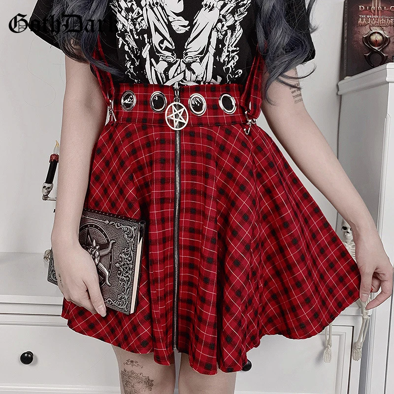

Goth Dark Sexy Gothic Women Summer Mini Skirt Vintage Fashion Plaid High Waist Pleated Skirts With Rivet Zipper Suspender 2020