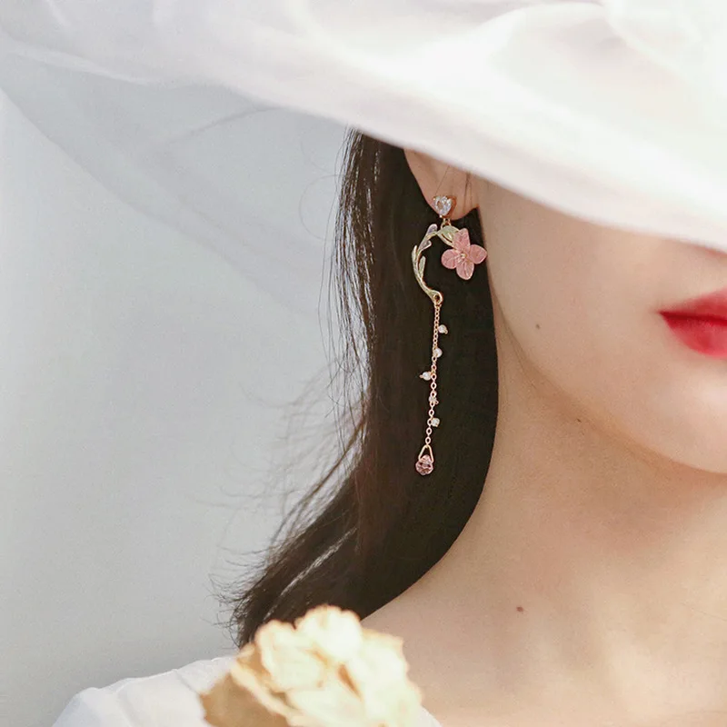 MWSONYA New Korean Pink Flowers Leaves Pendant Earrings Flower Tassel Earrings for Women Drop Jewelry