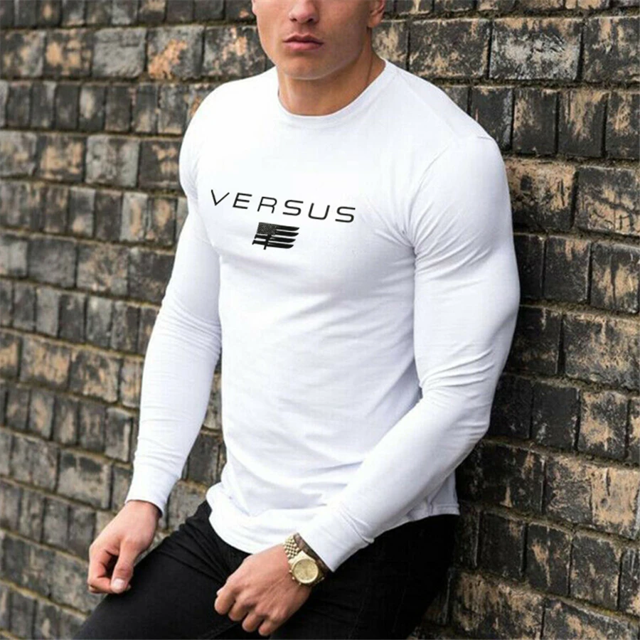 Gyms Tight Cotton Long sleeve T-shirt Mens Fashion printing T-shirt Homme Gyms T Shirt Men Fitness Summer Tees Tops