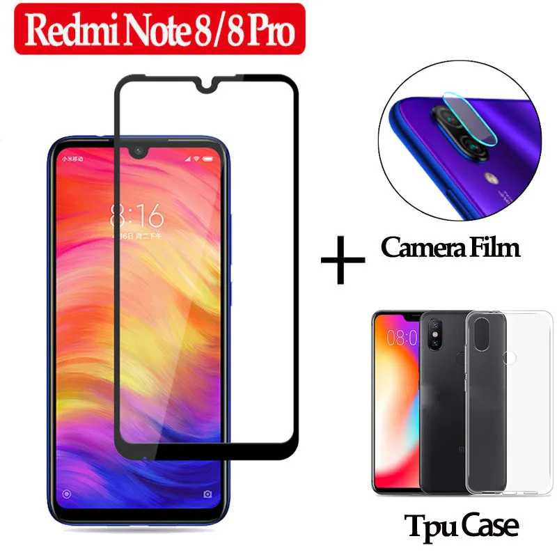 Закаленное стекло на Xiaomi redmi note 8 3 в 1 зрачное камеры объектива про мягкий ТПУ