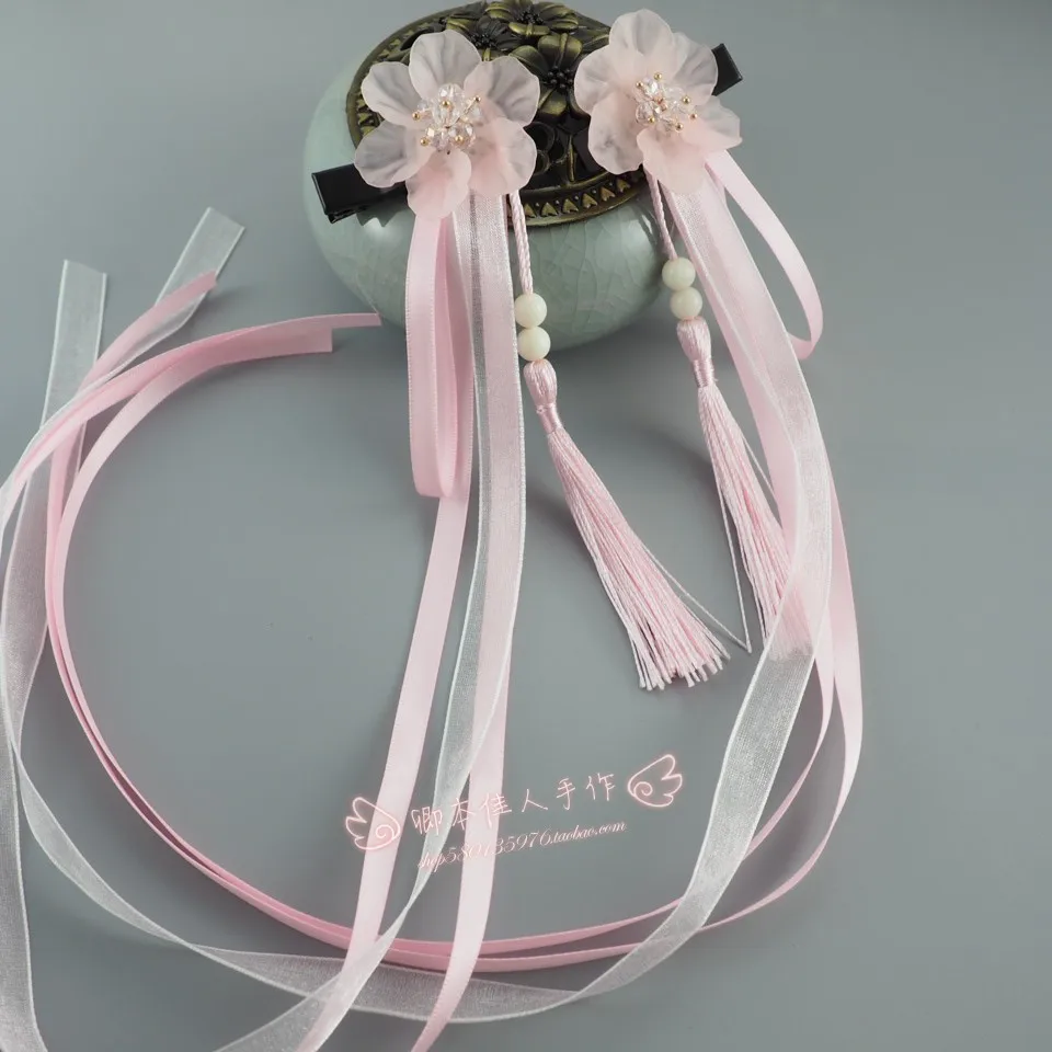 Pink Цветок древний стиль Hanfu аксессуары для волос Han элемент Длинная кисточка зажим для волос маленький головной убор девушки боковая заколка головной убор - Color: Pink