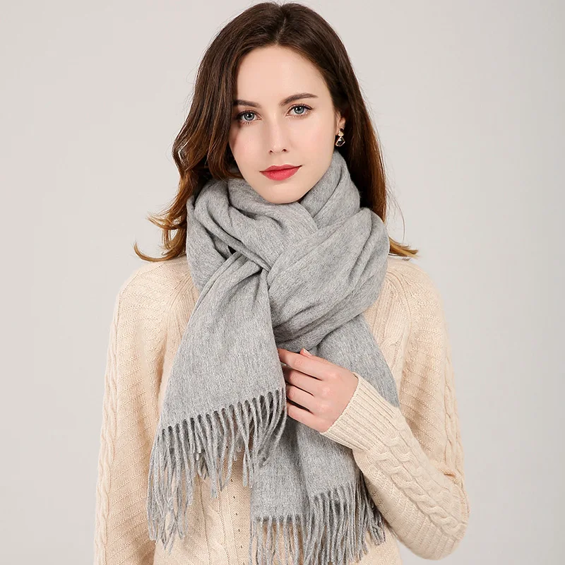 Winter Real Wool Scarf Women Echarpe Brand Tassel Shawl and Wraps Warm Foulard Pashmina Solid Beige Pure Wool Scarves - Цвет: Light Grey