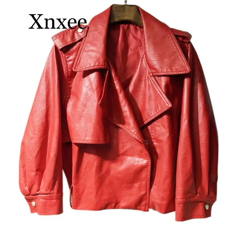 Women Leather Jacket Loose Long Sleeve Short Girls Beige Jackets Motorcycle Faux Leather PU Coat Streetwear Ladies Tops blue