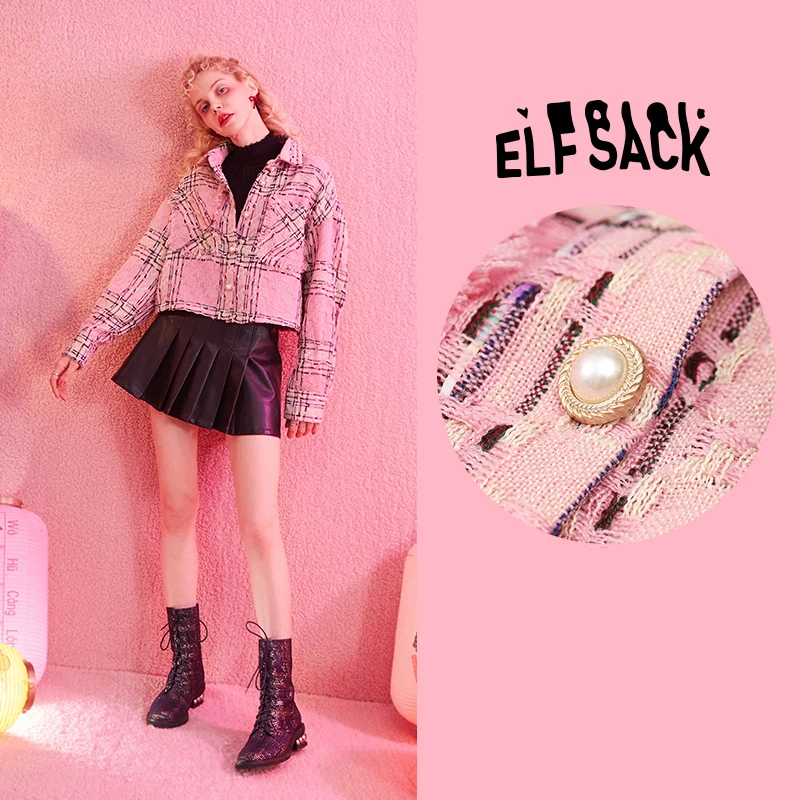 Розовый ELFSACK, розовая, твидовая, винтажная блузка с бахромой, рубашки для женщин, зима, жемчуг, на одной пуговице, длинный рукав, для офиса, для девушек, милые короткие топы - Цвет: Розовый