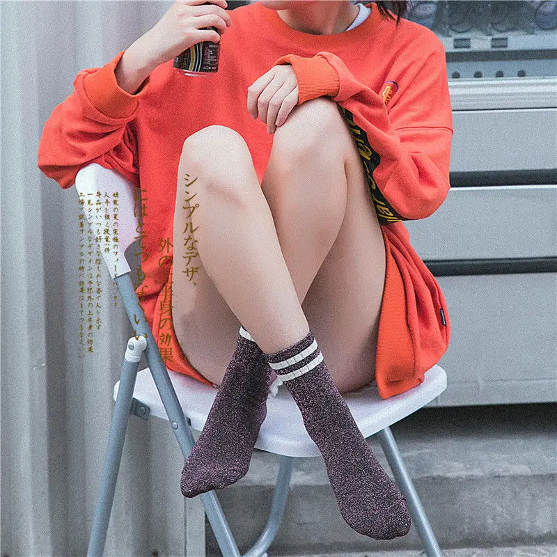 Cotton Polyester Winter Striped Glitter Women Socks Harajuku Shiny Girls Streetwear Funny Socks  Casual Striped Socks