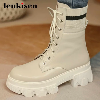 

Lenkisen european style natural leather mixed colors knitting waterproof thick high heel round toe lace up mid-calf boots L83