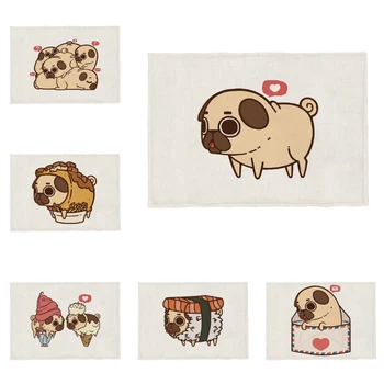 

Cute Cartoon Pug Food Table Placemat Pizza Potato Burger Chicken Roll Envelope Polyester Hemp Can Be Customized 32 * 45 Rainbow