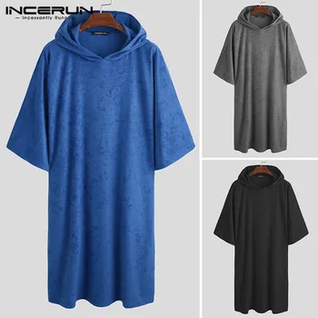 

2020 Leisure Warm Quick Dry Pyjamas Solid Color Bathrobe Men Half Sleeve Hooded Sleepwear Robes Man Loose Cozy Homewear INCERUN