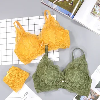 

CHRLEISURE Daisy Bralette Briefs Set/2PCS Lingerie Sexy Lace Bra Wire Free Beauty Back Women Thin Bra Girls Underwear Suit